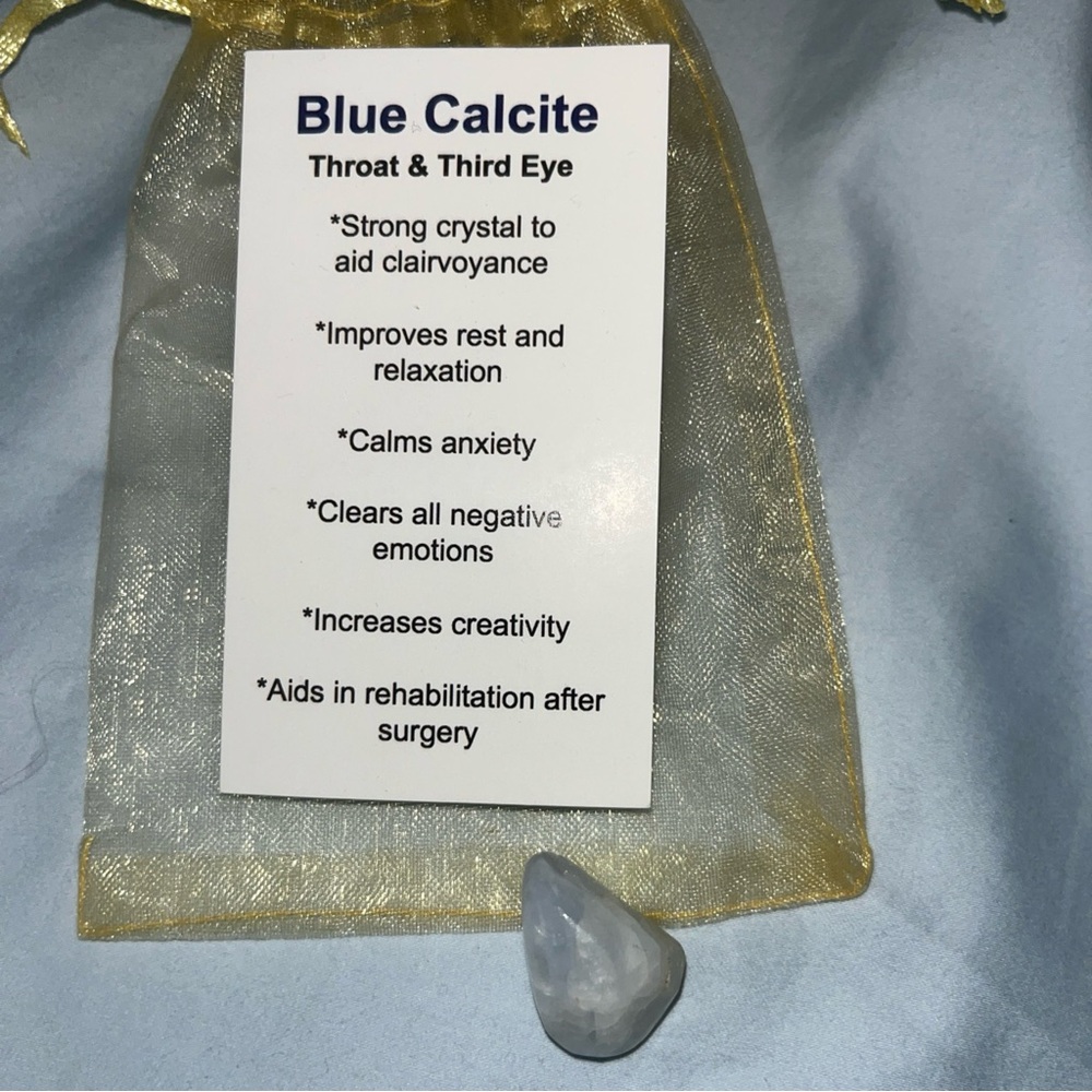 Blue Calcite Crystal with Gold Pouch